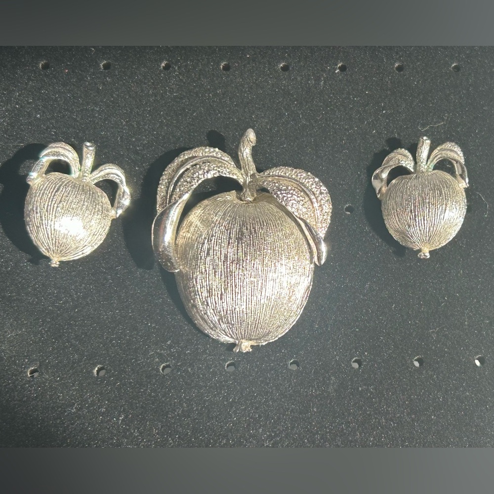 Vintage Silver Tone Apple Brooch and Clip Earring Set Emmons Collectible